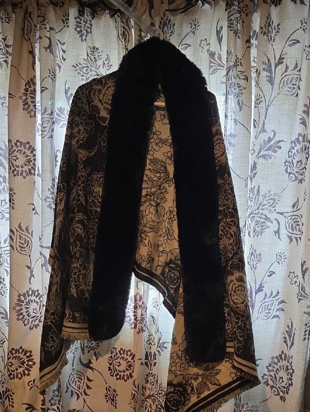Vince Camuto Black Floral Wrap with Faux Fur Trim